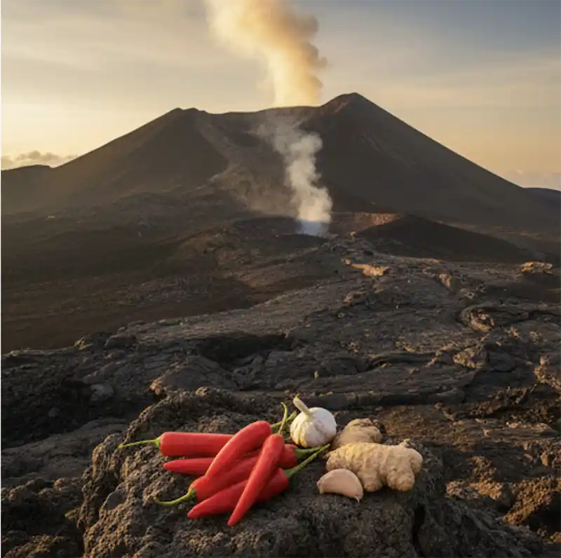 Piments réunionnais devant le Piton de la Fournaise - Saveur Tradition Réunion